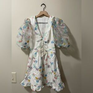 J. ING Sailor Peter Pan Color Floral Embroidered Puff Sleeve Ruffle Dress Small